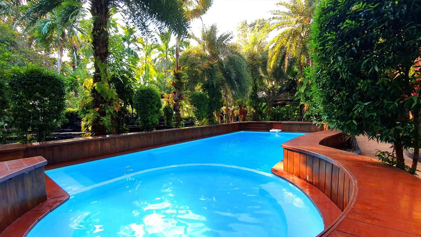 Une piscine rectangulaire entourée d'une terrasse en bois et de végétation luxuriante.