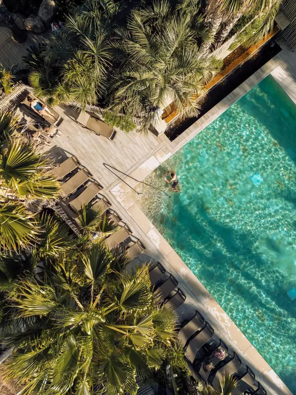 Vue aérienne d'une piscine rectangulaire entourée de transats et de palmiers.