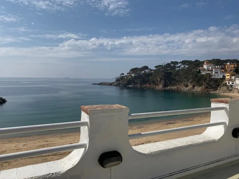 Vue sur une crique abritée et une plage de sable fin.