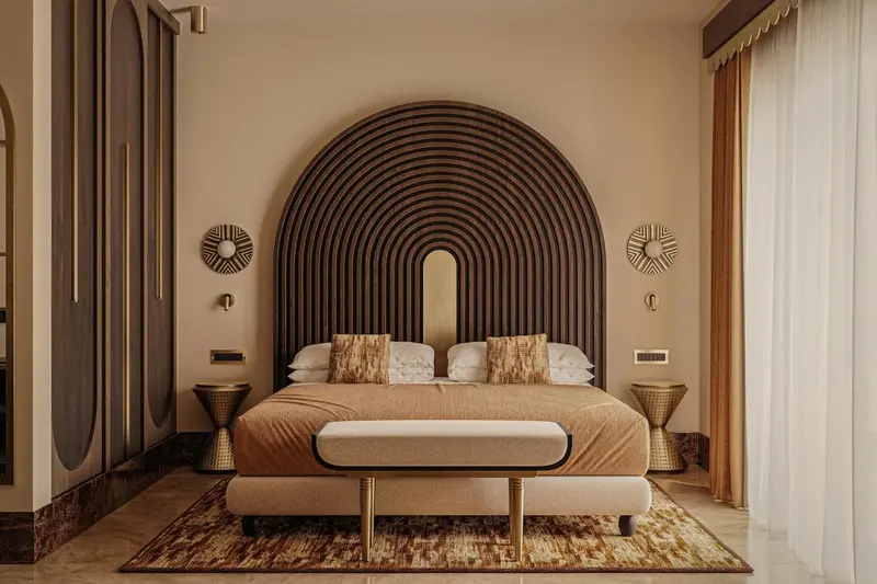 Une chambre à coucher avec un grand lit et une décoration murale en arc.