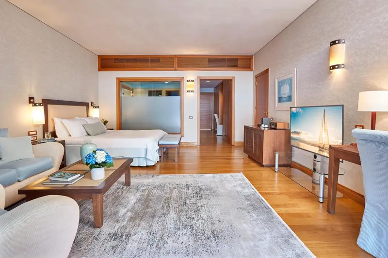 Une chambre lumineuse avec un grand lit et un coin salon.