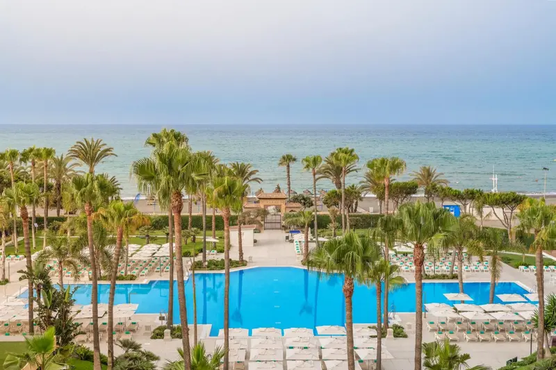 Vue aérienne d'une piscine d'hôtel entourée de palmiers et donnant sur la mer.