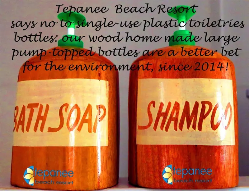 Deux grands distributeurs de savon et de shampoing en bois sont présentés sur une surface claire.