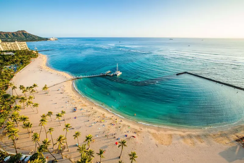 Plage de sable fin bordée de palmiers et vue sur l'océan turquoise.
