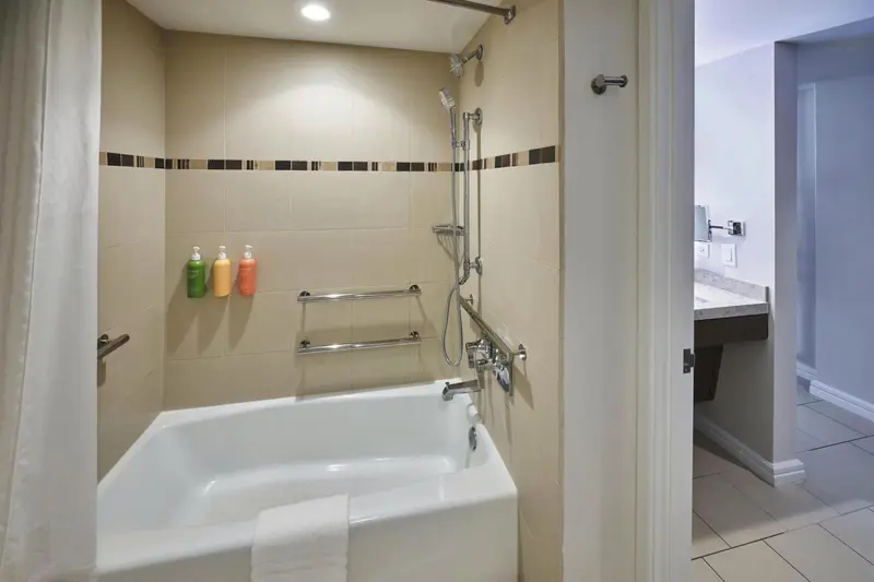 Une baignoire et une douche dans une salle de bain carrelée.