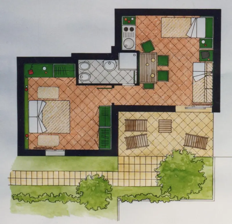 Plan d'un appartement avec cuisine, chambre et terrasse.