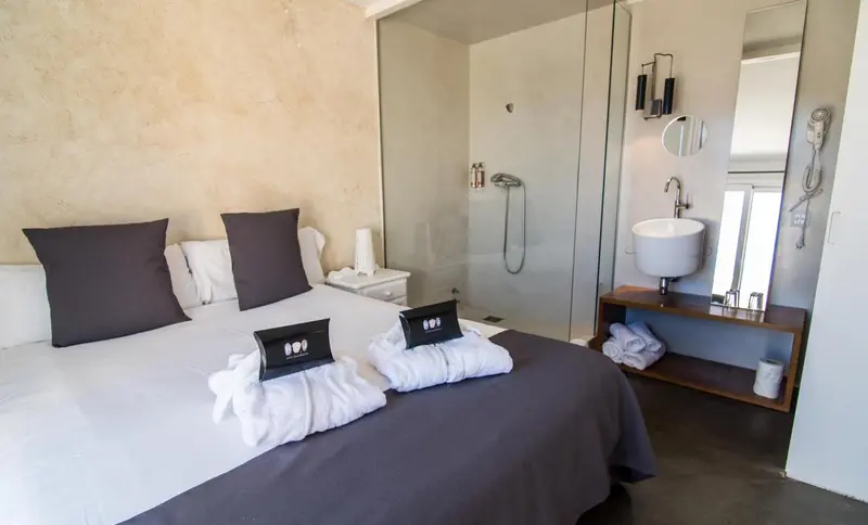 Une chambre avec un lit et une salle de bain attenante.