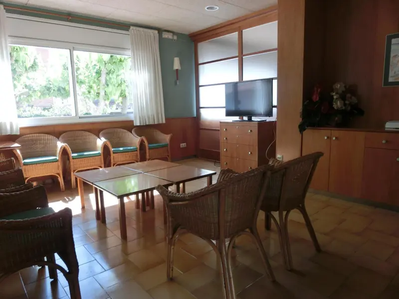 Espace de détente lumineux avec mobilier en rotin et télévision.