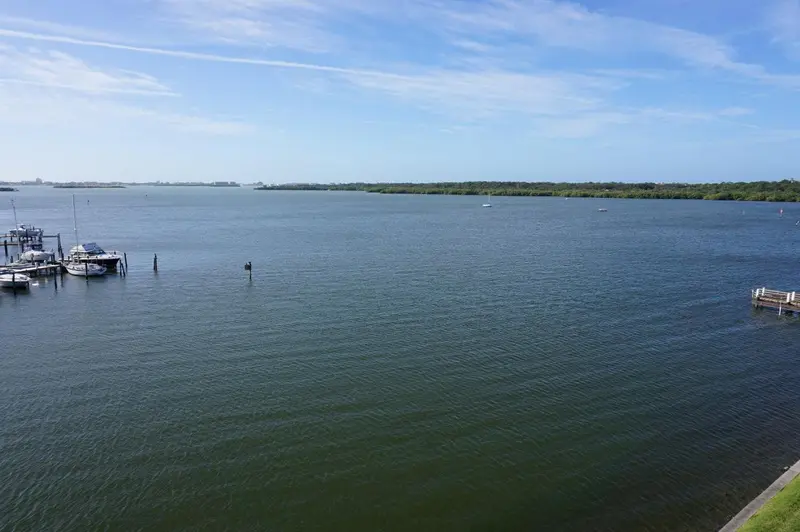 Vue aérienne d'une étendue d'eau calme bordée de végétation et de bateaux.