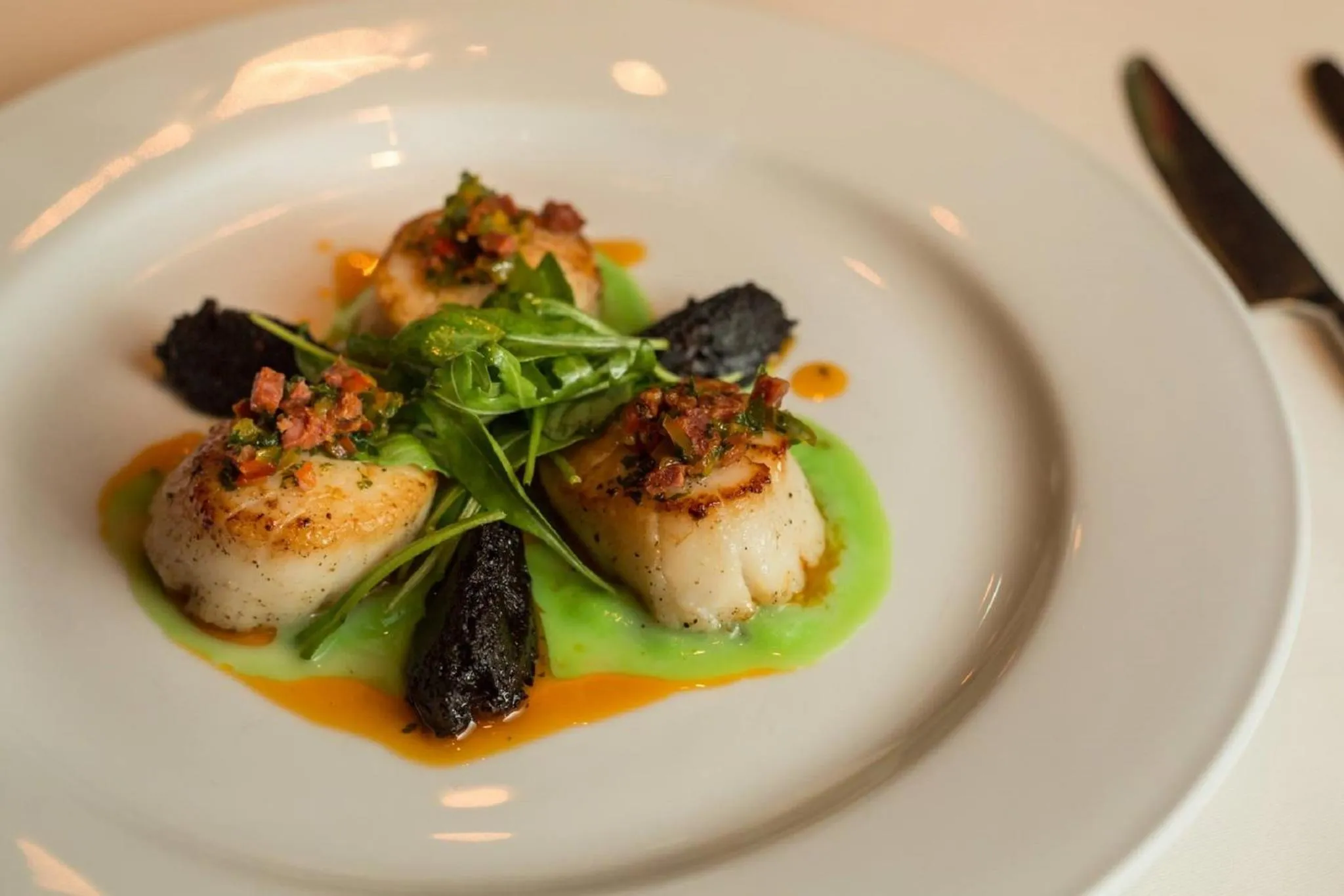 Assiette de noix de Saint-Jacques avec une sauce verte et des légumes.