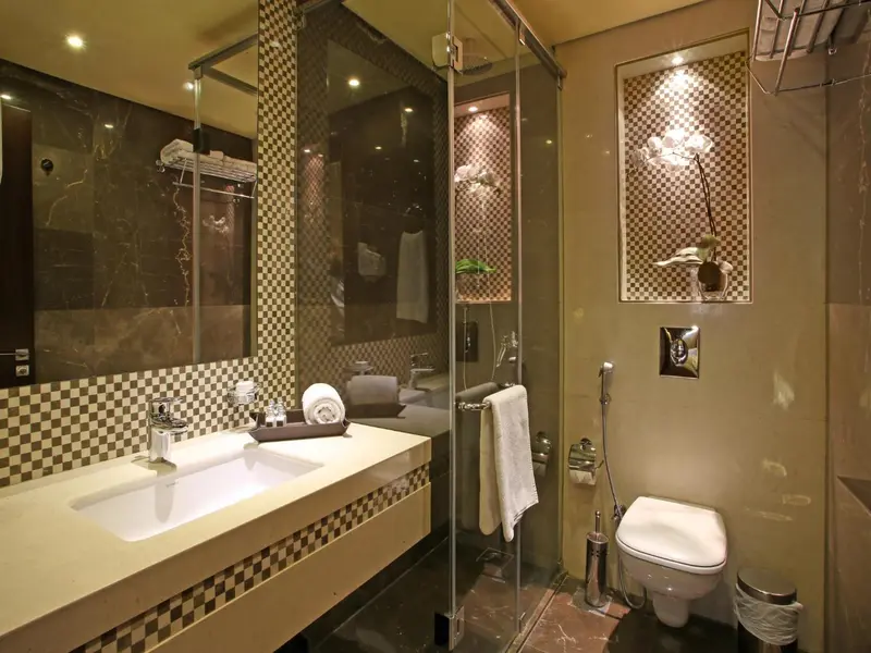 Une salle de bain moderne avec douche à l'italienne et lavabo.