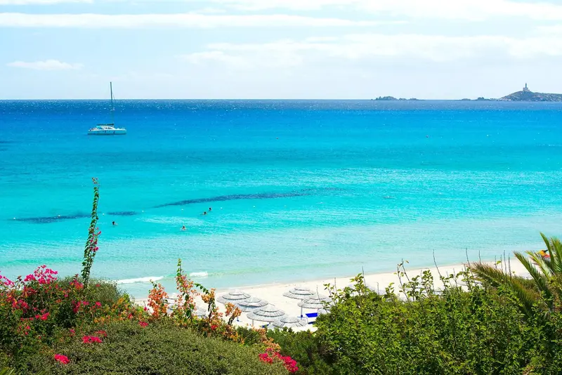 Vue aérienne d'une plage de sable blanc bordée d'une mer turquoise et d'une végétation luxuriante.