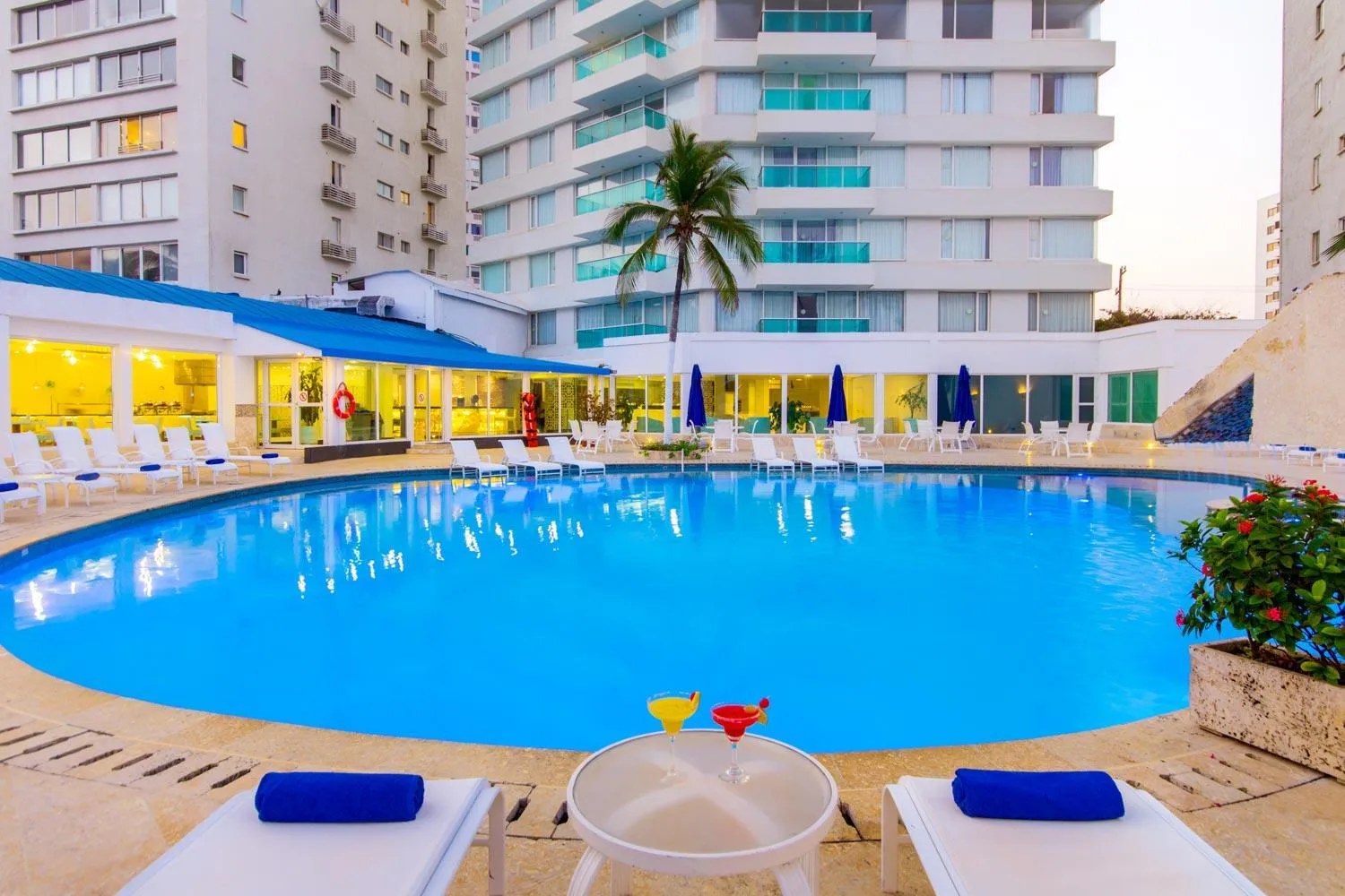 Piscine d'hôtel avec transats et cocktails au bord de l'eau.