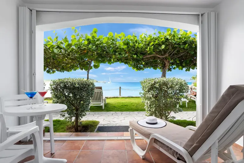 Vue sur une végétation luxuriante et la mer depuis une terrasse.