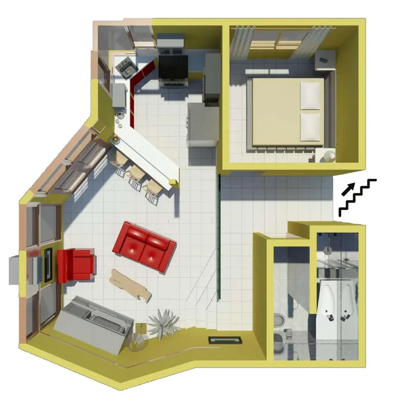 Vue aérienne d'un appartement avec un espace salon, une cuisine et une chambre.