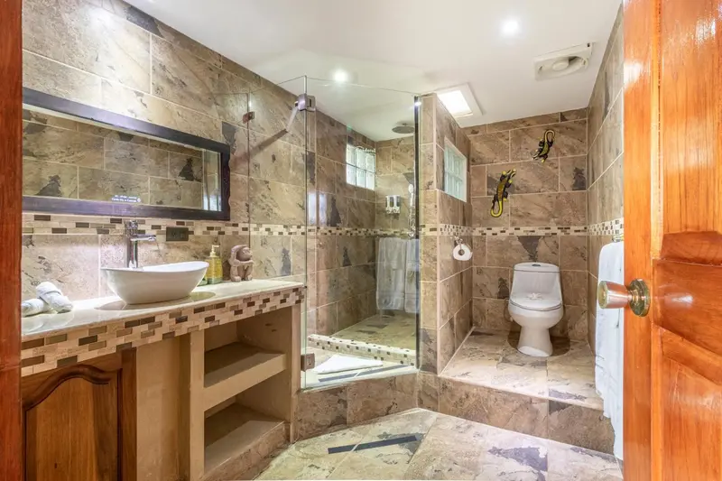 Salle de bain moderne avec douche à l'italienne et lavabo sur meuble.