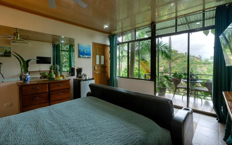 Une chambre lumineuse avec un lit et un accès à une terrasse verdoyante.
