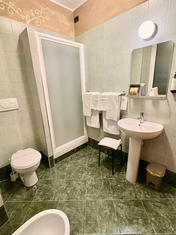 Une salle de bain avec douche, lavabo et toilettes.