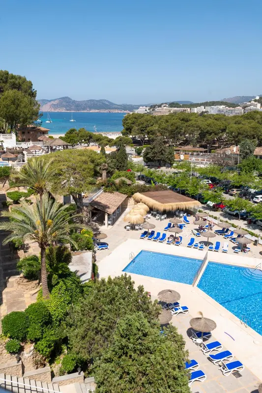 Vue aérienne d'une piscine d'hôtel entourée de transats et de végétation luxuriante, avec la mer en arrière-plan.