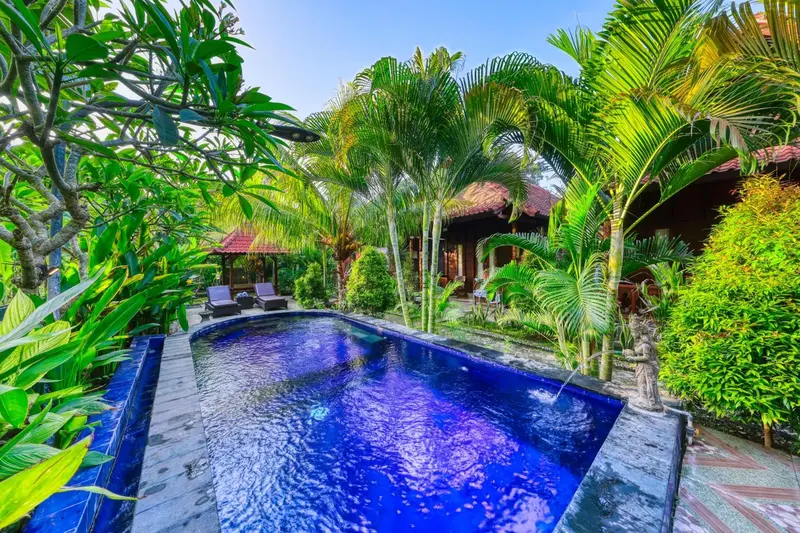 Une piscine rectangulaire entourée de végétation tropicale et de bâtiments aux toits de chaume.