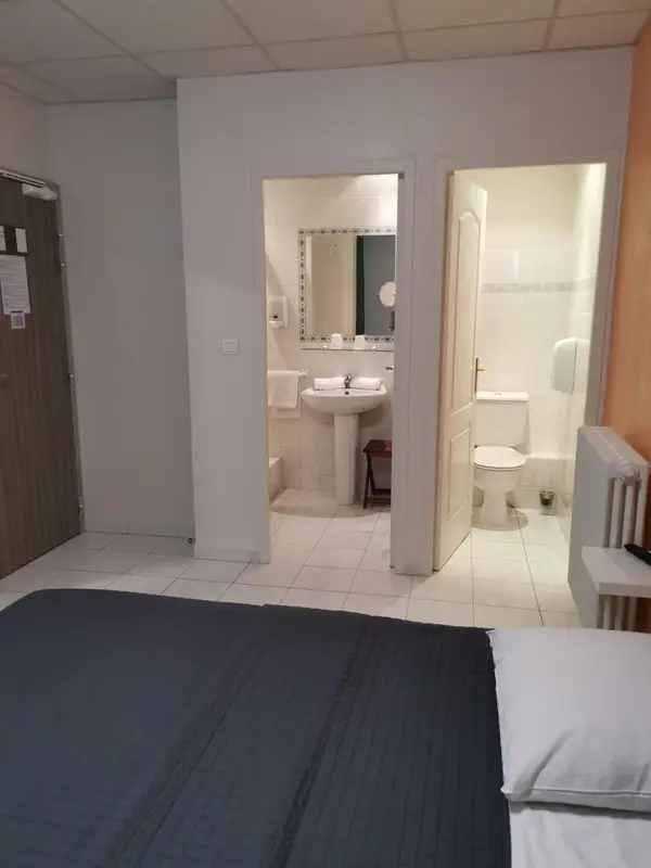 Une chambre avec un lit et une salle de bain attenante.
