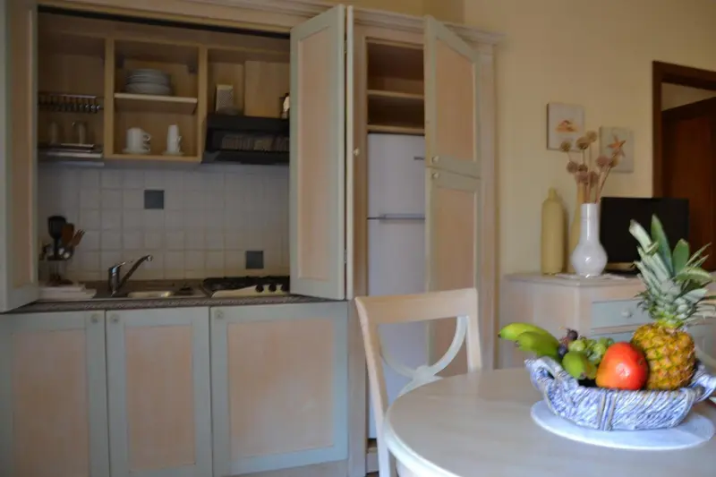 Une kitchenette équipée avec une table à manger et des fruits frais.