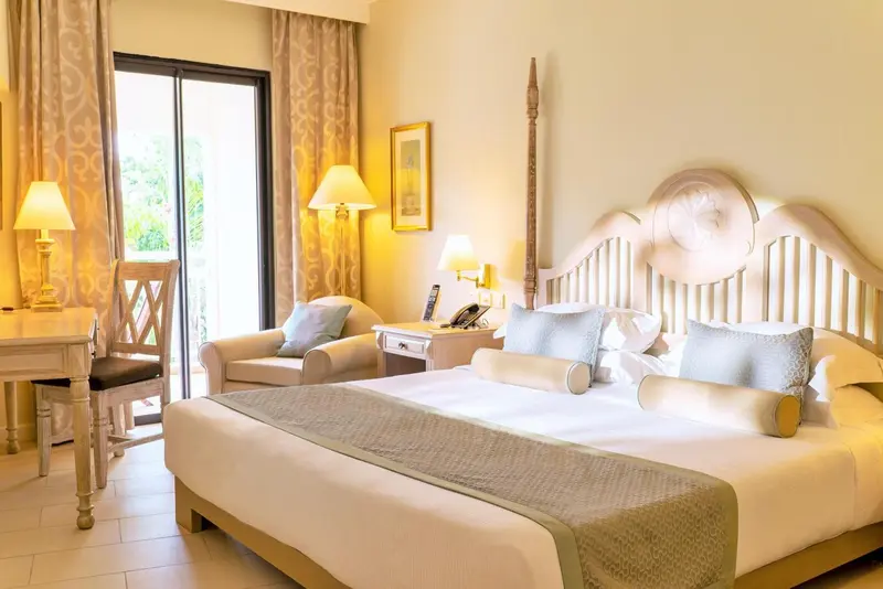 Une chambre lumineuse avec un grand lit et un coin salon.