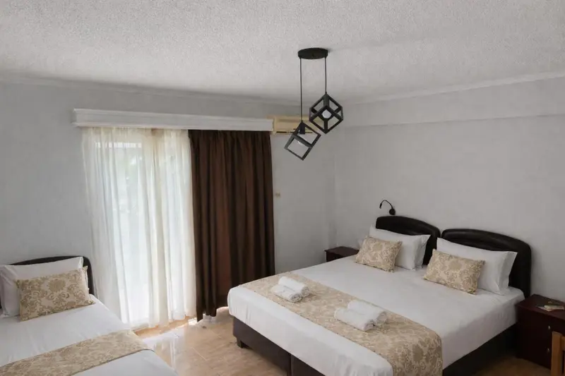 Une chambre lumineuse avec deux lits et des oreillers décorés.