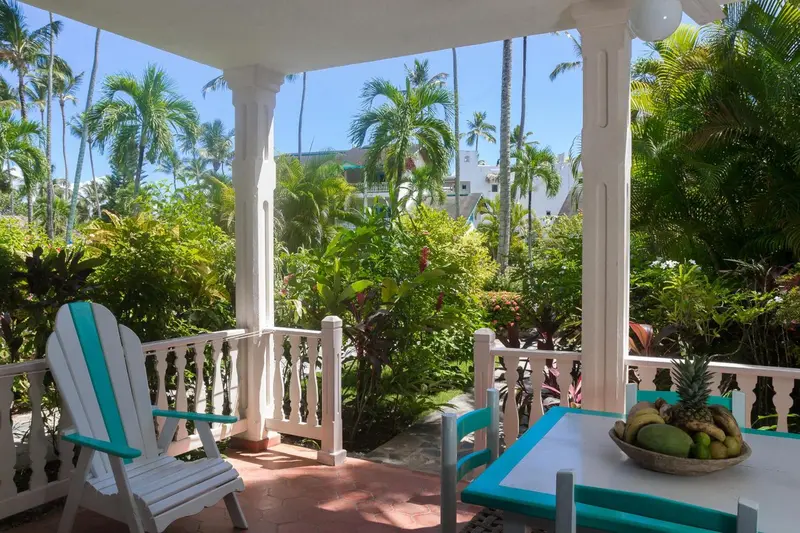Une terrasse ombragée offre une vue sur une végétation luxuriante et des bâtiments.