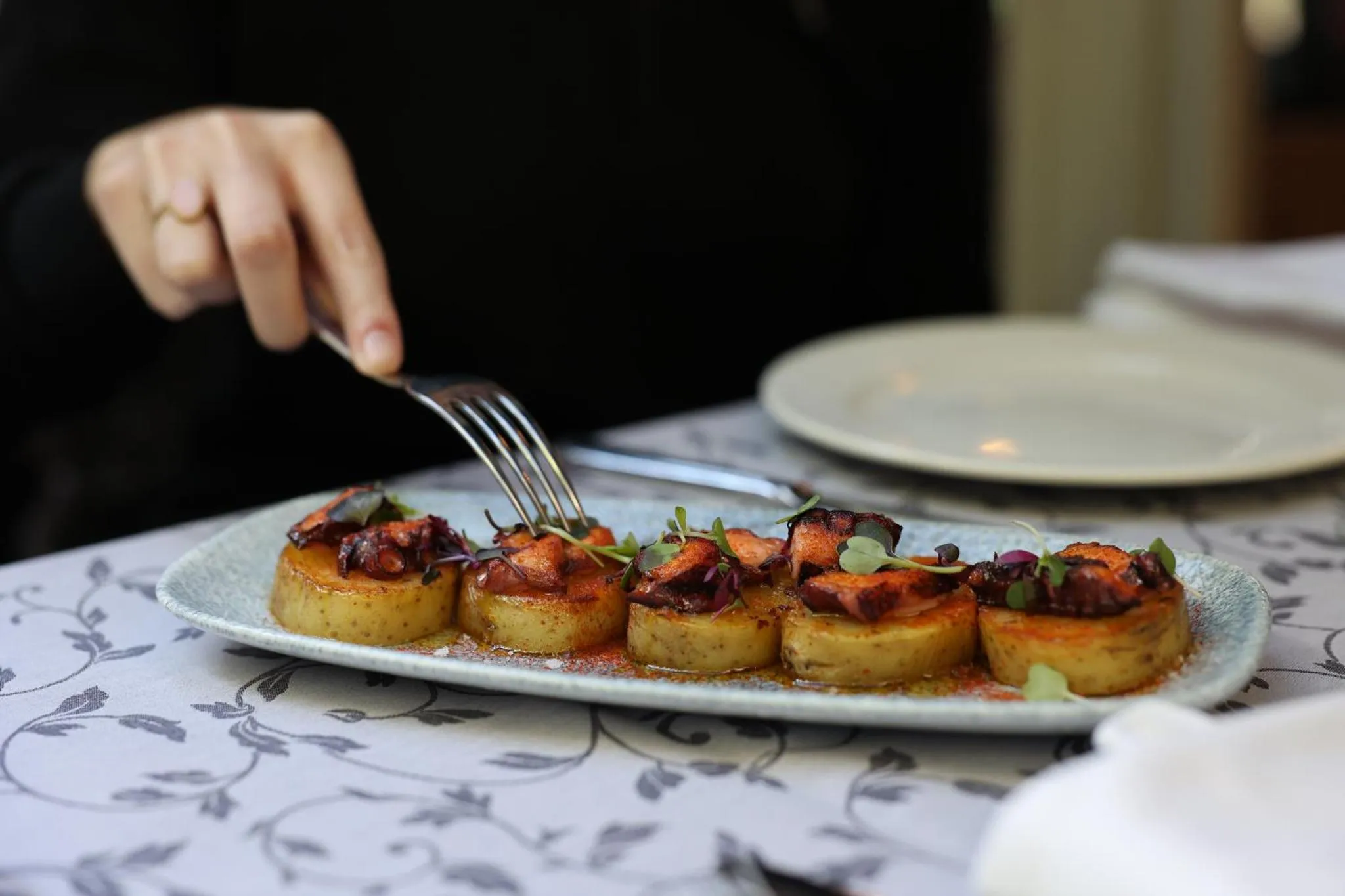 Une assiette de nourriture est présentée avec une fourchette.