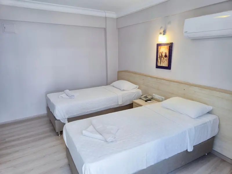 Une chambre lumineuse avec deux lits simples et une décoration sobre.