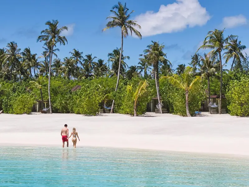 Une plage de sable blanc bordée de palmiers et de bungalows.