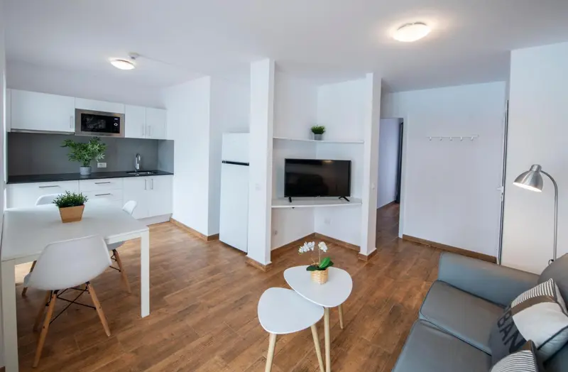 Une pièce lumineuse combine un espace repas avec un coin salon et une kitchenette.
