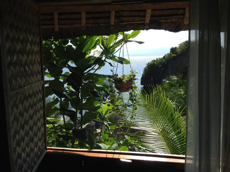 Vue sur la mer et la végétation luxuriante depuis une ouverture.