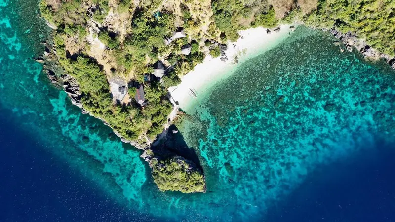Vue aérienne d'une plage de sable blanc bordée d'une végétation luxuriante et d'eaux turquoise.