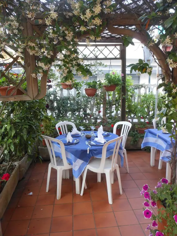 Une table dressée pour un repas en extérieur, ombragée par une pergola fleurie.