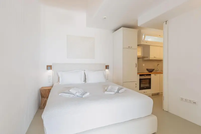 Une chambre lumineuse avec un lit double et une kitchenette.