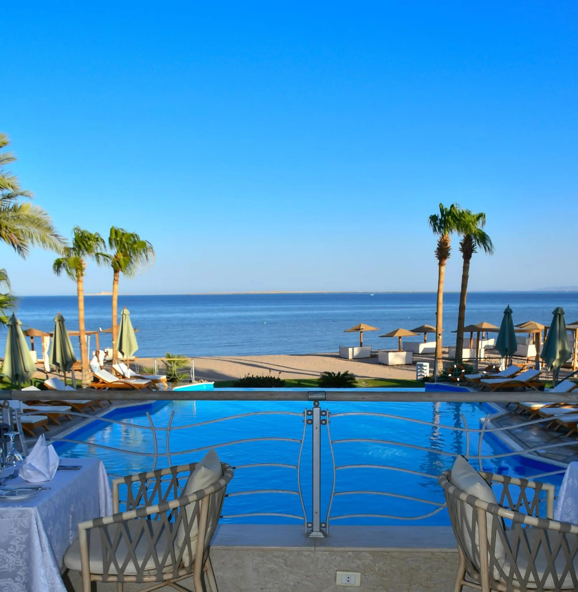 Vue sur la mer depuis une piscine avec des transats et des palmiers.