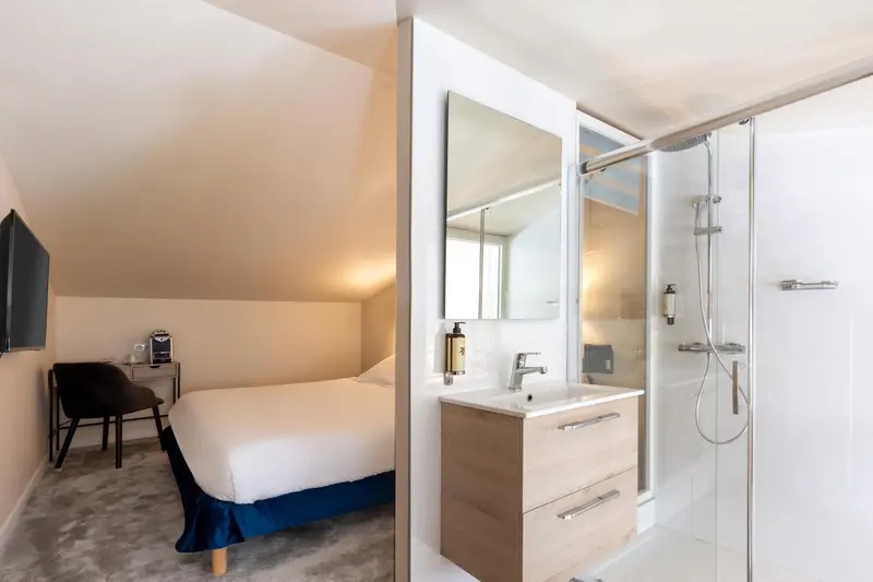 Une chambre avec un lit et une salle de bain attenante avec douche.