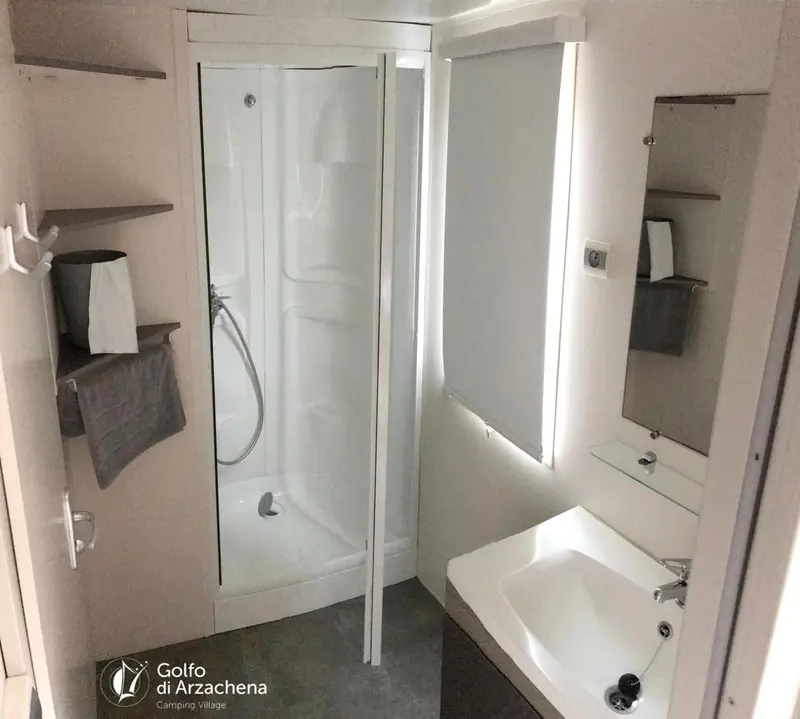 Une salle de bain étroite avec douche et lavabo.