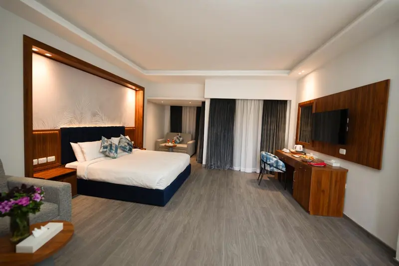 Chambre lumineuse avec un grand lit et un coin salon.
