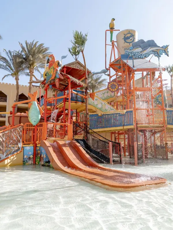 Structure de jeux aquatiques colorée avec toboggans et animaux sculptés.