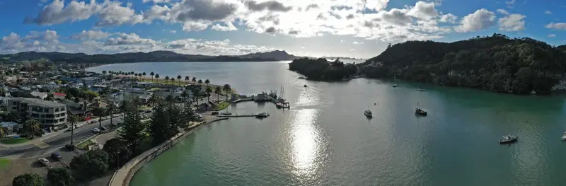 Vue aérienne d'une baie bordée de bâtiments et de végétation luxuriante.