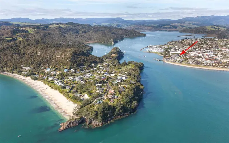 Vue aérienne d'une côte verdoyante avec une plage et une ville au bord de l'eau.