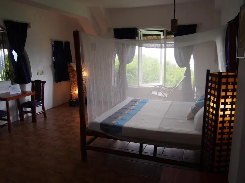Une chambre lumineuse avec un lit à baldaquin et une vue sur la végétation.