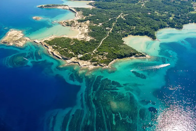 Vue aérienne d'une côte rocheuse bordée d'eaux turquoise et de végétation dense.