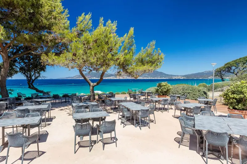 Terrasse ombragée avec tables et chaises donnant sur la mer.