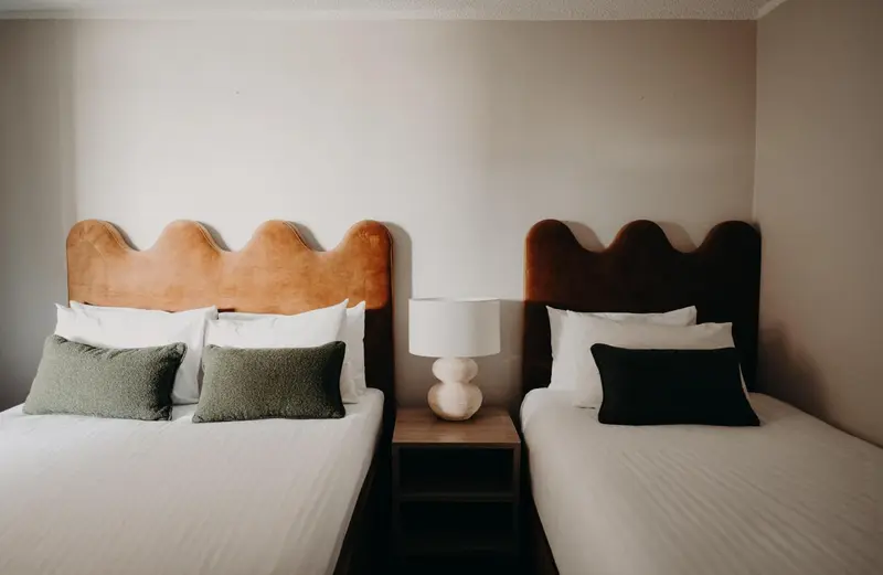 Deux lits simples avec des têtes de lit en velours dans une chambre.