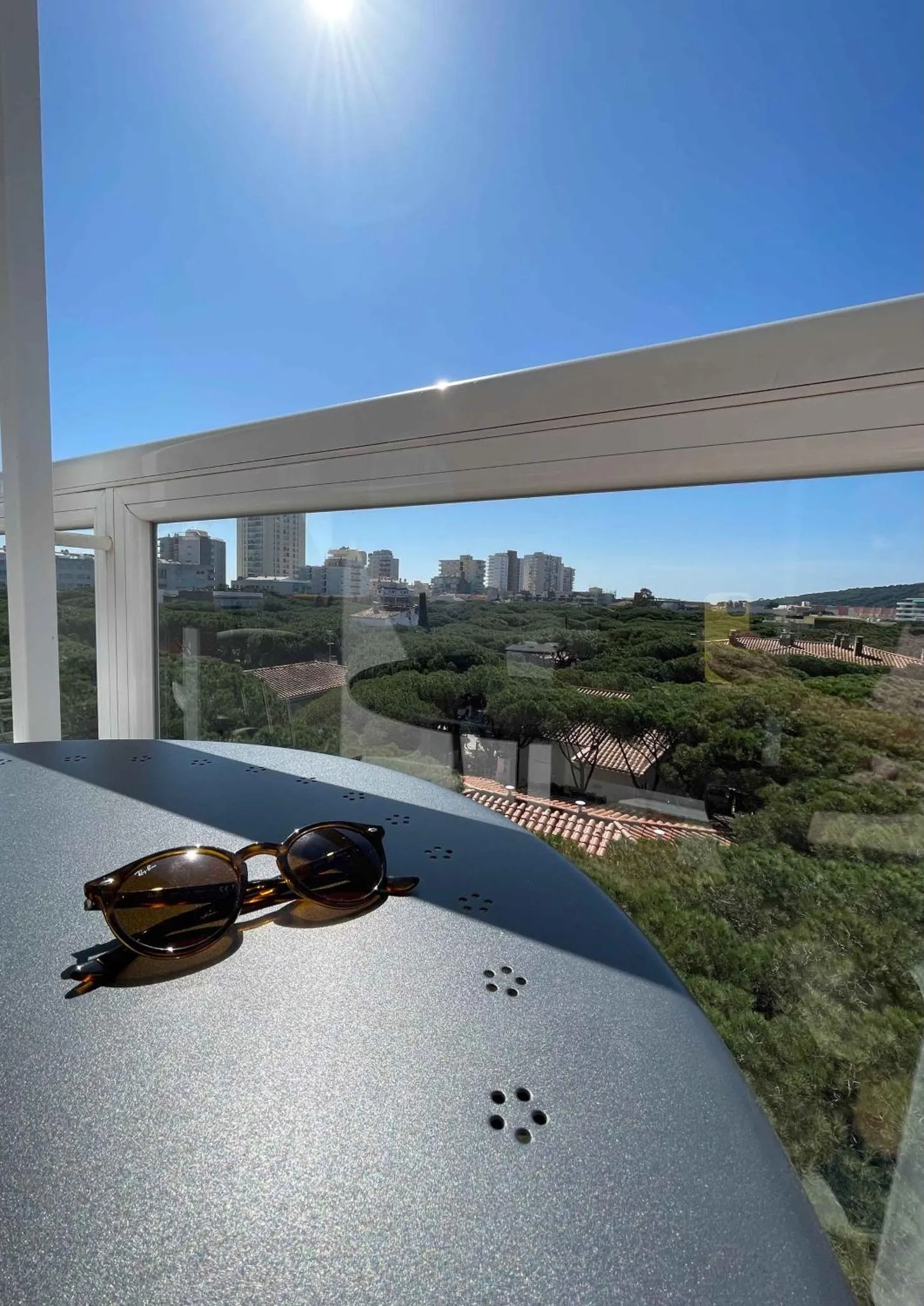 Une paire de lunettes de soleil repose sur une surface sombre avec une vue sur la ville et la végétation.