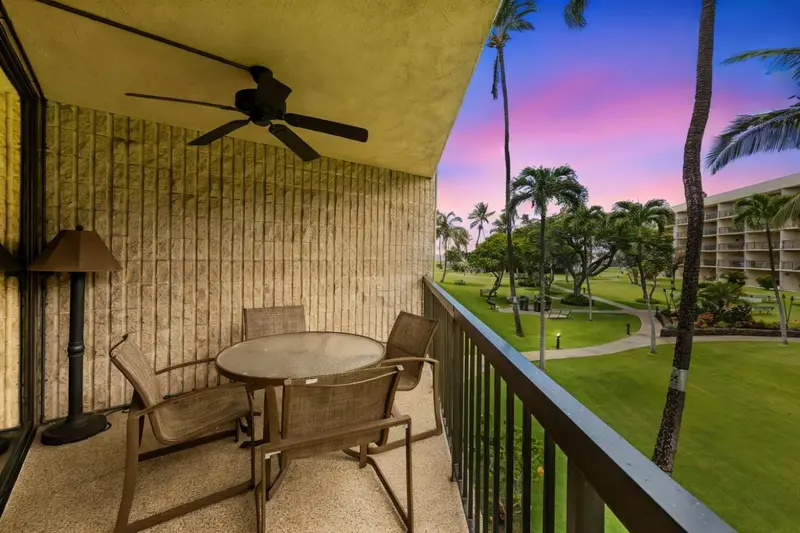 Terrasse avec mobilier de jardin donnant sur un paysage tropical au coucher du soleil.